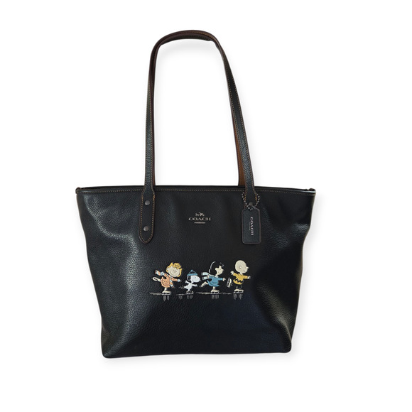 Coach x Peanuts Snoopy Tote Black Leather Ice Skating City Bag Limited Edition - Picture 1 of 9